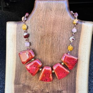 Handmade Red Ceramic & Mookaite Stone Chunky Beaded Necklace
